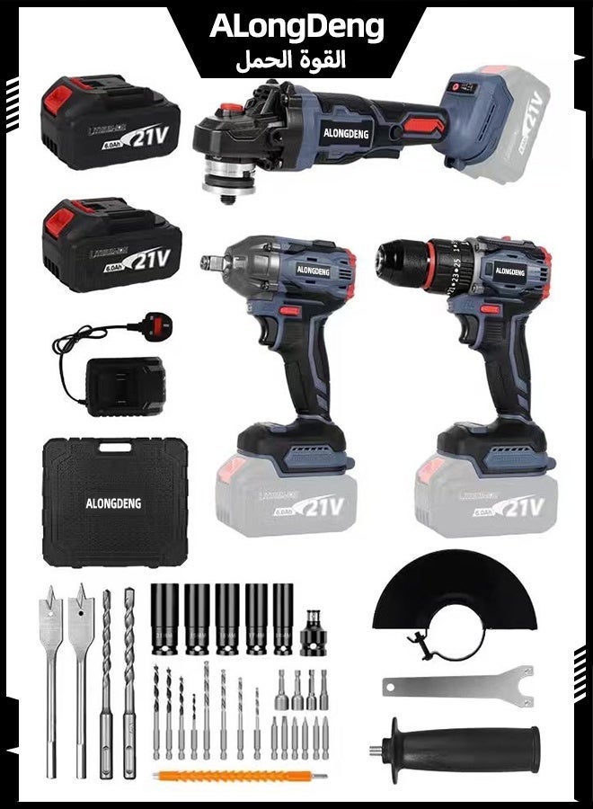 ALongDeng 21V Cordless Brushless Power Tool Set (3-in-1) - Impact Drill (23 Torque 1150RPM) +300N·m Impact Wrench  125mm Angle Grinder (9500RPM) with 6.0Ah Lithium Battery Storage Case for Home Repair DIY  Light Construction - Image 1